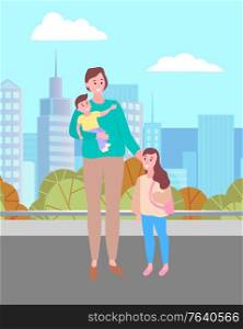 Woman walking in urban park with son and daughter. Happy family strolling together. Lady holding baby on her hands. Beautiful landscape of city on background. Vector illustration in flat style. Lady and Girl with Balloon, Boy on Scooter in Park