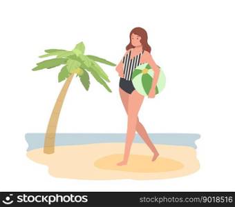  woman walking on the beach with a beach ball. Flat vector illustration