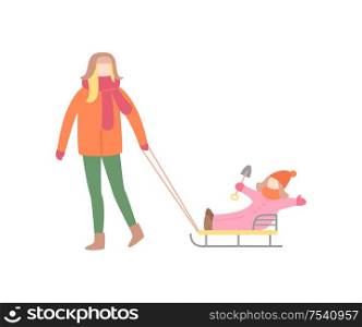 Woman walking outdoor with cheerful little girl holding small shovel sitting on sleigh, child in winter-suit. Standing mum in warm clothes vector isolated. Woman Walking with Little Girl on Sleigh Vector