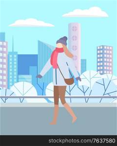 Woman walking through urban winter park alone. Girl in warm clothes, outerwear and scarf, mittens and hat, also with handbag. Snowy landscape of city on background. Vector illustration in flat style. Woman in Warm Clothes Walking in Winter City Park