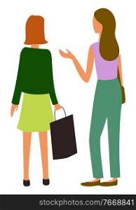 Woman walking together, back view isolated cartoon people. Vector female friends at marketplace, talking girls discussing sales and shopping, flat style. Woman Walking Together, Back View Isolated People