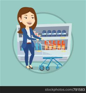 Woman walking with cart on aisle at supermarket. Woman pushing an empty supermarket cart. Woman shopping at supermarket with cart. Vector flat design illustration in the circle isolated on background.. Customer with shopping cart vector illustration.