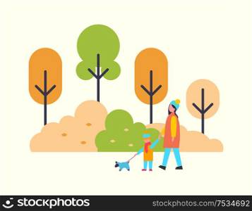 Woman walking with child and cute pet dog outdoors. Autumn season scenery, color trees and bushes. Vector people in autumnal park vector isolated. Woman Walking with Child and Cute Pet Dog Outdoors