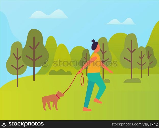 Woman walking with dog in city park. Vector cartoon lady side view with puppy on leash, green trees and bushes, blue sky, spring concept illustration. Woman Walking with Dog in City Park Cartoon Vector