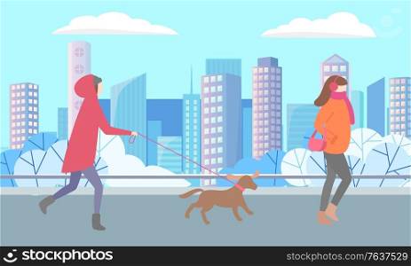 Woman walking with her pet. Dog on leash running with owner. Girl in outerwear strolling with handbag alone in winter urban park. Beautiful snowy landscape of city on background. Vector illustration. Person with Pet and Woman Walking in Winter Park