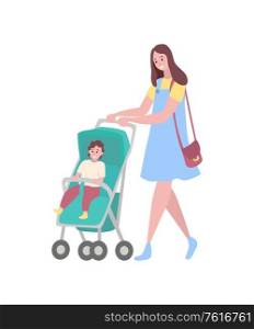 Woman walking with pram and kid vector, isolated lady having fun with child. Son and mom flat style. People spending time together, lovely family day. Mother and Baby, Woman with Perambulator Walking