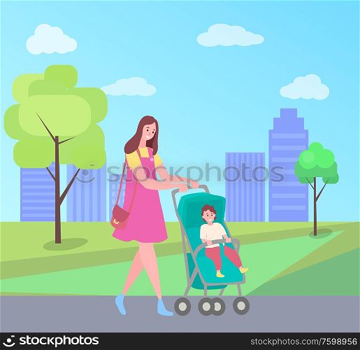 Woman walking with pram and kid vector, lady has fun with child in city park with green trees and buildings on backdrop. Son and mom spending time together. Mother and Baby, Woman with Perambulator Walking