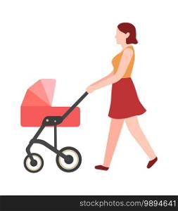 Woman walking with stroller. Young female character in summer casual dress pushing red pram, mother with child outdoors happy motherhood cute babysitter with newborn flat vector isolated illustration. Woman walking with stroller. Young female character in summer casual dress pushing pram, mother with child outdoors happy motherhood, babysitter with newborn flat vector isolated illustration