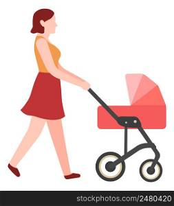 Woman walking with stroller. Young mother pushing pram isolated on white background. Woman walking with stroller. Young mother pushing pram