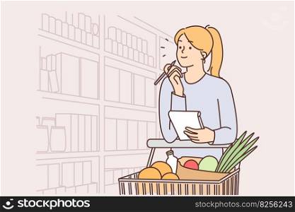 Woman walks around supermarket with cart filled with vegetables and holds checklist in hands to count calories or prices. Girl is shopping in supermarket buying food and healthy organic food. Woman walks around supermarket with cart filled with vegetables and holds checklist in hands