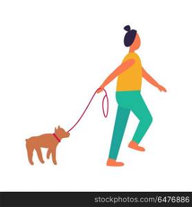 Woman Walks with Dog Vector Illustration Isolated. Woman walking with dog vector illustration isolated on white background. Female on walk with pet, characters in cartoon style flat design