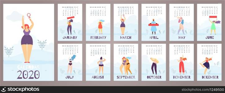 Woman Wall Calendar2020 Twelve Month Feminist Flat Style Print Vector Detailed Girl Trendy Outfit Characters Colorful Fashion Illustration Flat Cartoon Style Banner Template Pocket Collection for Year. Woman Calendar 2020 12 Month Feminist Flat Style