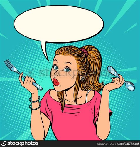 woman wants to eat. Comic cartoon pop art retro vector illustration drawing. woman wants to eat