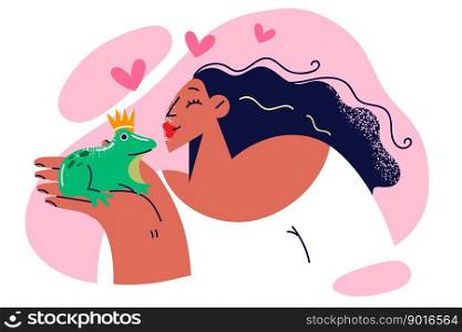 Woman wants to kiss crowned frog after reading fairy tale about transformation of animal into handsome prince. GIrl kisses frog sitting on palm after learning fantastic story from folklore . Woman wants to kiss crowned frog after reading fairy tale about transformation animal into prince