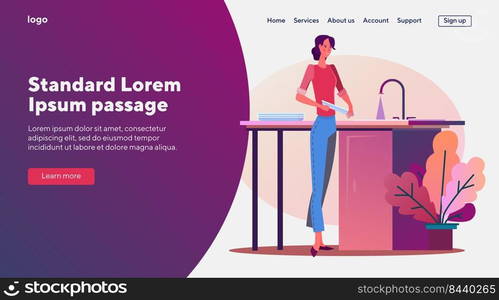 Woman washing dish. Housewife, kitchen, cleaning. Flat vector illustrations. Hygiene, housework, dishwashing concept for banner, website design or landing web page