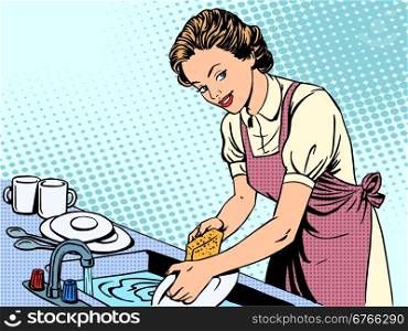 Woman washing dishes housewife housework comfort. Woman washing dishes housewife housework comfort retro style pop art