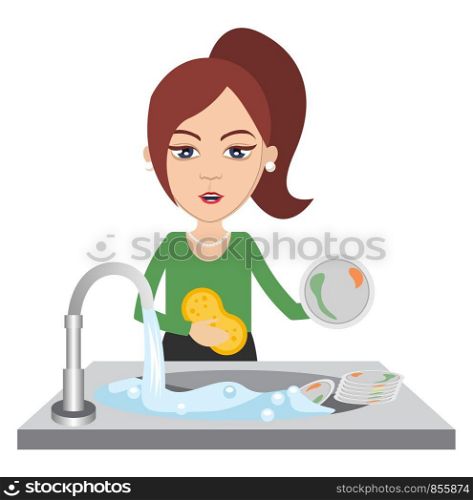 Woman washing dishes, illustration, vector on white background.