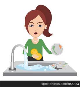 Woman washing dishes, illustration, vector on white background.