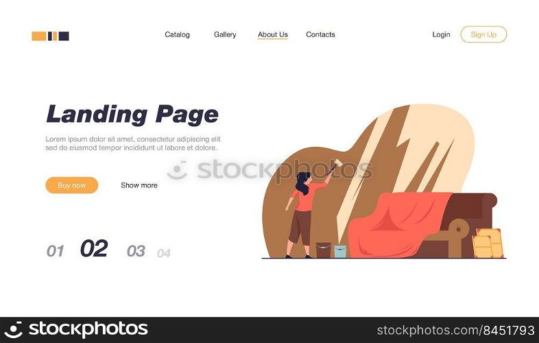 Woman washing panoramic window. House, sofa, bucket flat vector illustration. Housekeeping and cleaning service concept for banner, website design or landing web page