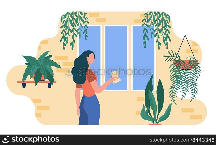 Woman washing window among home plants. Houseplants, greenhouse, eco interior flat vector illustration. Household, housecleaning concept for banner, website design or landing web page