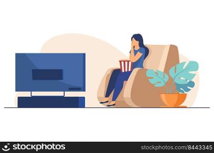Woman watching movie or show in TV. Pop corn, living room, sitting in armchair flat vector illustration. Leisure time, entertainment at home concept for banner, website design or landing web page