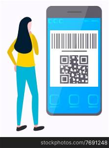 Woman watching on phone with QR quick response code isolated cartoon person back view. Vector female character and smartphone, codding trademarks. Woman Watching on Laptop with QR Code Vector