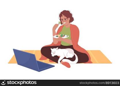 Woman watching tv shows on laptop and eating salad semi flat color vector character. Editable figure. Full body person on white. Simple cartoon style illustration for web graphic design and animation. Woman watching tv shows on laptop and eating salad semi flat color vector character