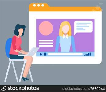 Woman watching video in laptop, business education or webinar. Screen of app in computer, e-learning course, web seminar, wireless device, media vector. Education Online, Video Screen, E-learning Vector