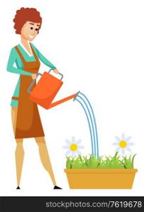 Woman watering flowers in pot, portrait view of female character wearing apron, holding watering-pot, smiling florist, hobby of caring to blossom vector. Water Flowers, Blossom in Flower-pot, Hobby Vector