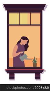 Woman watering house plants in window frame. Neighbor life in cartoon style isolated on white background. Woman watering house plants in window frame. Neighbor life in cartoon style