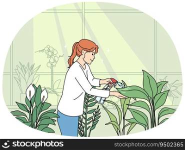 Woman watering houseplants at home. Female gardener take care of plants in indoors greenhouse or garden. Hobby and horticulture. Vector illustration.. Woman watering plants at home