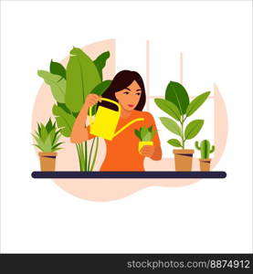 Woman watering houseplants at home vector illustration. Stay home, lifestyle, home garden and houseplants concept. Flat vector illustration.