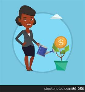 Woman watering money flower. Woman investing in business project. Illustration of investment money in business. Investment concept. Vector flat design illustration in the circle isolated on background. Business woman watering money flower.