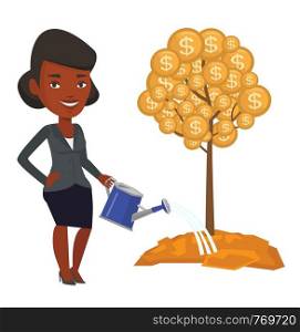 Woman watering money tree. Woman investing money in business project. Illustration of investment money in business. Investment concept. Vector flat design illustration isolated on white background. Woman watering money tree vector illustration.