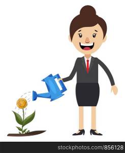 Woman watering plant, illustration, vector on white background.