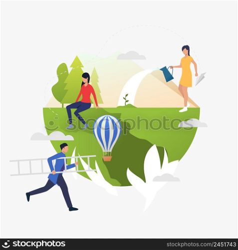 Woman watering plant, man carrying ladder on Earth globe. Lifestyle, leisure, activity concept. Vector illustration can be used for topics like vacation, nature, summer. Woman watering plant, man carrying ladder on Earth globe