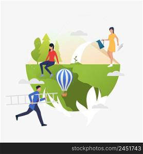 Woman watering plant, man carrying ladder on Earth globe. Lifestyle, leisure, activity concept. Vector illustration can be used for topics like vacation, nature, summer. Woman watering plant, man carrying ladder on Earth globe