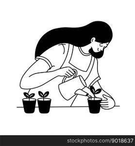 Woman watering seedlings in flowerpots, growing plants or vegetables seeds at home. Urban apartment gardening, indoor organic vegetables farming. Horticulture concept