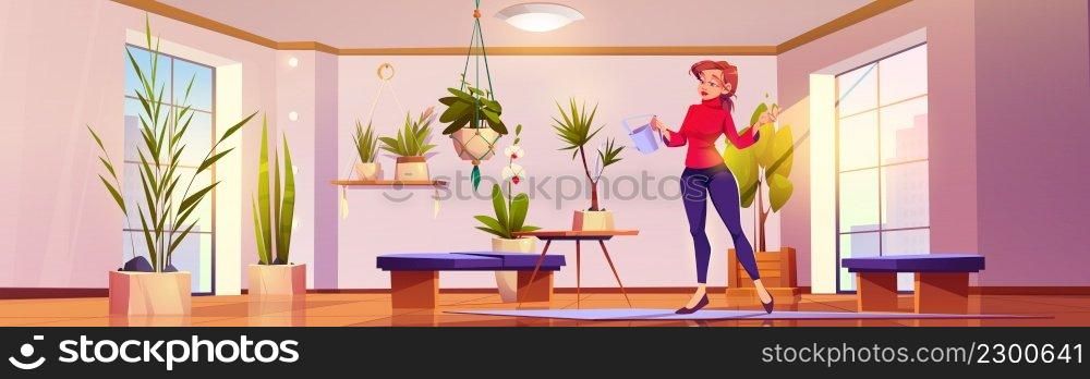 Woman waters plants at home. Girl takes care of houseplants in pots. Vector cartoon illustration of room or greenhouse interior with flowers, orchid, tree and person with watering can. Woman waters plants and flowers at home