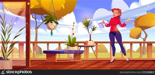 Woman waters plants on house terrace in autumn. Vector cartoon illustration of wooden patio with flowers,houseplants in pots, girl with watering can and view to backyard with orange trees. Woman waters plants on house terrace in autumn