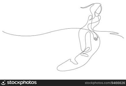 woman wave surfing balancing smooth line art. continuous line drawing of water extreme sport vector illustration
