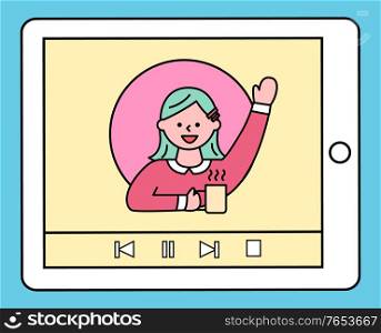 Woman waving hand on video. Media player on tablet, electronic device for watching movies. Gadget display young person which posing alone and smiling. Vector illustration of multimedia in flat style. Person Posing on Video that Displays on Tablet
