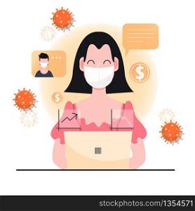 Woman wear mask fight covid-19 work from home. Teleconference. Digital transformation. Corona virus outbreak pandemic. flat character. Abstract people. Health and medical. Flat design. Vector illustration.