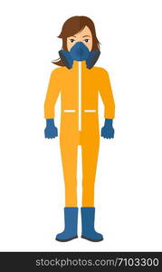 Woman wearing a protective chemical suit for toxic atmosphere vector flat design illustration isolated on white background. Vertical layout.. Woman in protective chemical suit.