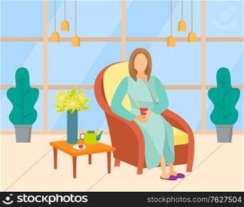 Woman wearing bathrobe and slippers drinking tea, client in beauty salon. Female character sitting in armchair, teapot on table, relaxation vector. Modern office of beauty salon with big windows. Spa or Beauty Salon, Woman Drinking Tea Vector