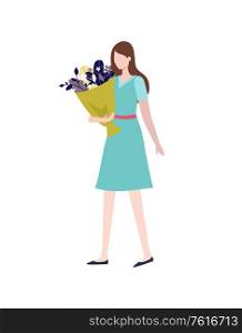 Woman wearing blue dress walking vector, elegant lady holding bouquet of flowers and leaves wrapped in paper. Female with present on special occasion. Woman Walking with Bouquet of Flowers and Leaves