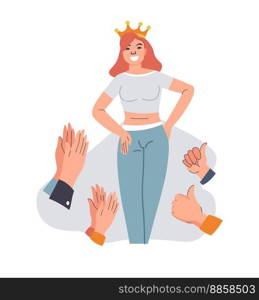 Woman wearing crown smiling and getting praises from people. Isolated female characters and people showing thumbs up. Teenage girl winning a beauty contest. Vector in flat style illustration. Female character with high self esteem praises