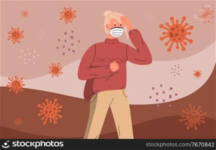 Woman wearing face medical mask have a headache, infected by virus, flying virus pathogen around. Young girl standing in center of virus infection. Concept of world viral pandemic. Cartoon character. Woman in medical mask have headache, carries of virus infection, concept of firsl virus symptoms