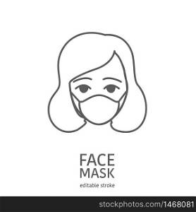 Woman wearing facial protective mask. Anti coronavirus or disease concept. Editable icon. Premium design.