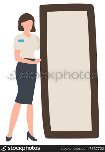 Woman wearing formal uniform standing by big mirror vector, isolated female character working in shop. Store to buy clothes changing room flat style. Fashion Advisor Standing by Mirror Shopping Store